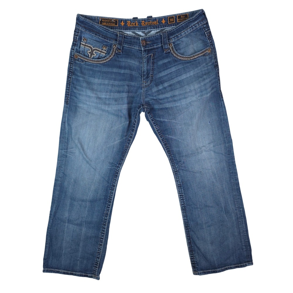 Rock Revival Jeans Mens 39x31 Blue Dan Relaxed Straight Y2K Whiskered